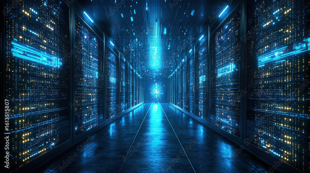 Poster futuristic data center with advanced quantum processors and holographic technology illuminating the 