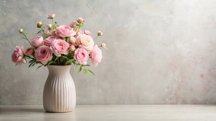 Obraz premium A Delicate Bouquet of Pastel Pink Roses in a Ribbed Ceramic Vase on a Light Wooden Surface Against a Textured Gray Wall