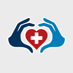 Vector illustration of a modern health and medical logo featuring two stylized blue hands forming a heart shape