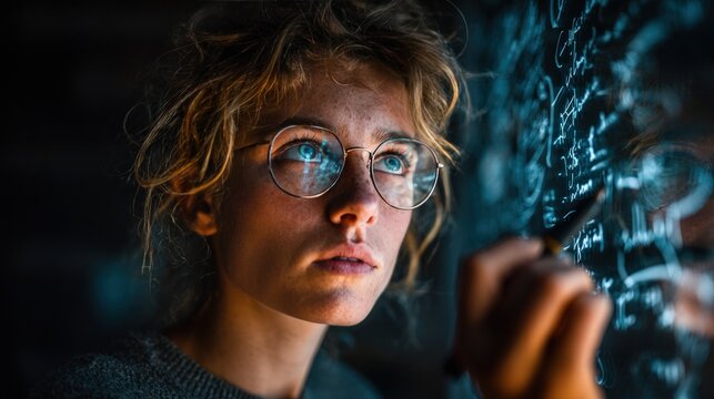 A woman with glasses studies complex equations on a chalkboard, her face lit with focus and concentration - Powered by Adobe