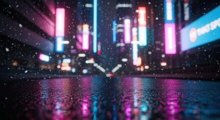 Obraz premium Snowy Neon Cityscape Reflections on Wet Streets