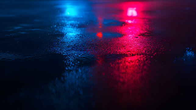 Closeup of flashing blue and red lights reflecting on wet pavement at night with cinematic glow.