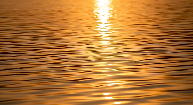 Golden sunlight shimmers and reflects across the rippling surface of calm water, creating a warm, serene, and tranquil visual.