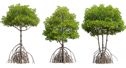 Three mangrove trees with visible roots isolated on transparent background