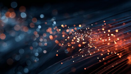 Close up of an abstract background with fiber optic cables and light particles, a data transfer concept with a blurred motion effect, high speed photography, a dark blue and orange color scheme, and a