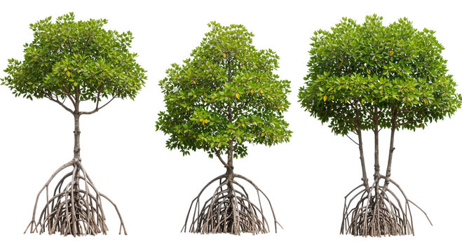 Three mangrove trees with visible roots isolated on transparent background