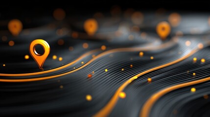 Abstract image featuring 3D orange location markers floating above a black, textured, flowing surface with glowing lines