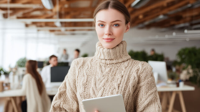 Young woman in cozy sweater holding tablet in modern office