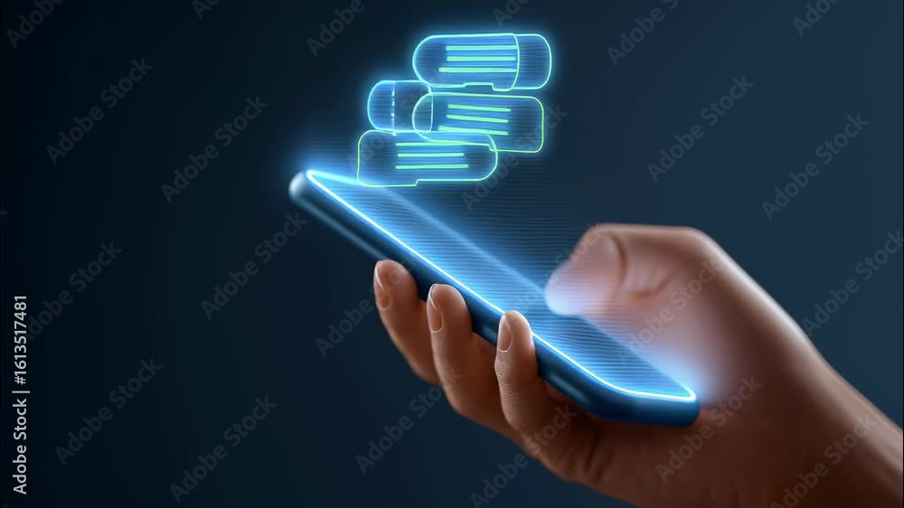 Poster hand gripping smartphone with messaging icons floating, representing digital communication and virtu