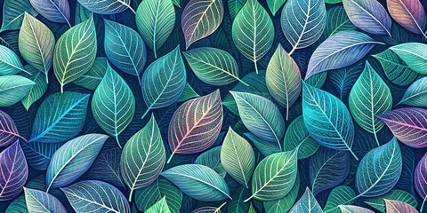 Fototapeta premium Vibrant Teal and Pastel Leaf Pattern An Intricate Design of Overlapping Foliage with Delicate Vein Details