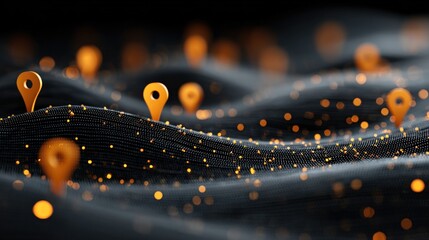 Abstract digital rendering featuring a dark, undulating textured surface with glowing orange map markers and scattered particles