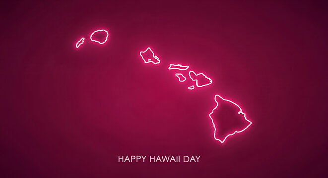 An illuminated outline of the Hawaiian Islands glows against a deep magenta background. This illustration is perfect for Happy Hawaii Day celebrations, travel promotions, and digital design projects