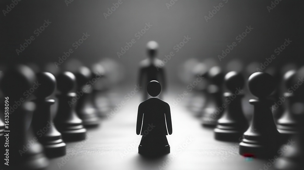 Poster conceptual focus on unique figure surrounded by chess pawns in monochrome setting representing indiv