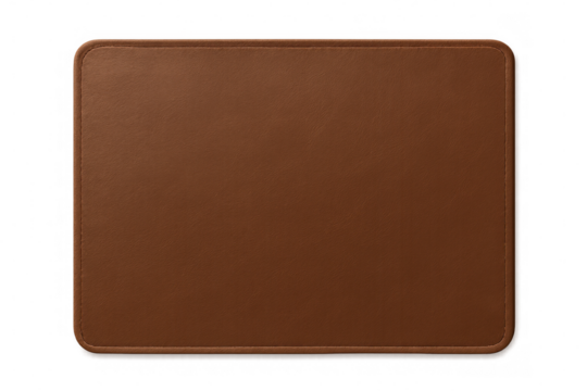 Rectangular brown leather desk pad isolated on transparent background, offering a classic and professional workspace accessory