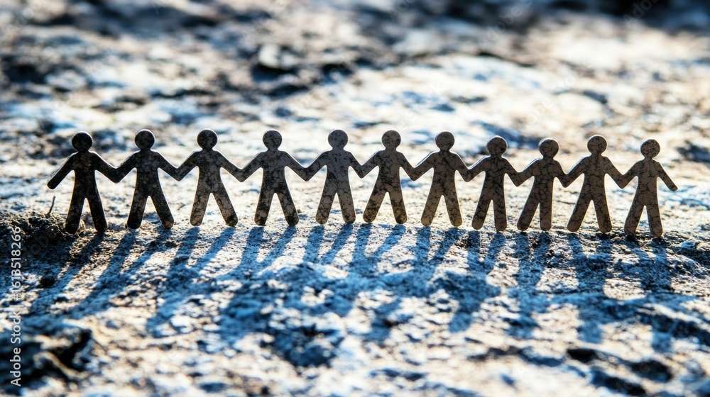 Poster paper cutout figures holding hands together on a rocky surface casting shadows in bright sunlight cr