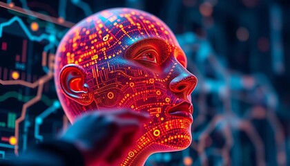 Focused figure analyzes glowing holographic data interface,  network,  research