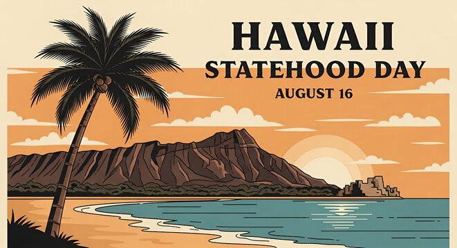 Hawaii Statehood Day: Celebrate August 16th with this vintage-style illustration featuring Diamond Head, a palm tree, and a serene beach scene - Powered by Adobe