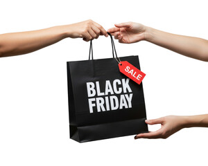 Hands exchange a black friday shopping bag with a sale tag isolated on transparent background