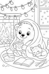 Simple line drawing of a cute bear wrapped in a blanket, drinking cocoa with a kitten by a fireplace and snow falling outside. A winter-themed cozy coloring page for kids.