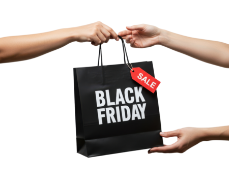 Hands exchange a black friday shopping bag with a sale tag isolated on transparent background