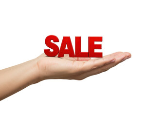 A hand presents the word sale isolated on a transparent background