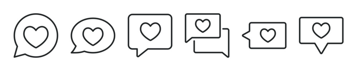 Favorite chat thin line icon set. Chat, social media, like minimal editable stroke icons