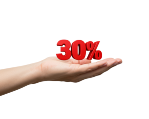 A hand presents the number 30 isolated on a transparent background