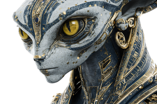 Close up of a futuristic alien creature's face.