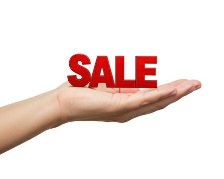 A hand presents the word sale isolated on a transparent background