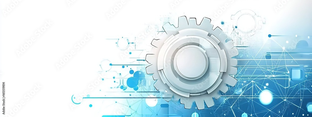 Poster abstract futuristic gear network technology background with mechanical engineering elements in blue 
