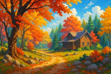 Cozy cabin in colorful autumn forest with dirt path. A small wooden cabin surrounded by bright fall foliage and a winding forest path. Ideal for seasonal designs, travel blogs, or cozy hom