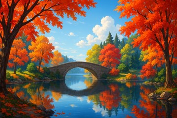 Stone bridge over lake with vibrant autumn trees. A scenic arched stone bridge reflected in a still lake, framed by bright autumn foliage. Perfect for postcards, calendars, or travel inspi