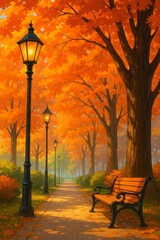 Park bench and lamppost under glowing autumn canopy. Quiet city park path lined with lampposts and trees covered in orange fall leaves. Great for seasonal concepts, lifestyle visuals