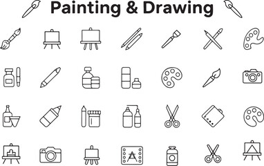 Painting and Drawing Art Supplies Line Icon Set Concept
