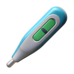 Close up of a blue and white digital thermometer with a green display