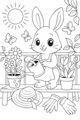 Simple line drawing of a bunny watering potted flowers in a sunny balcony garden, with butterflies, gardening tools, and a straw hat nearby. A coloring book page for kids, with vector crisp lines
