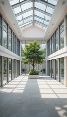 Modern indoor space features large tree in central planter, surrounded by glass walls that allow natural light to flood area. minimalist design creates serene atmosphere, perfect for relaxation