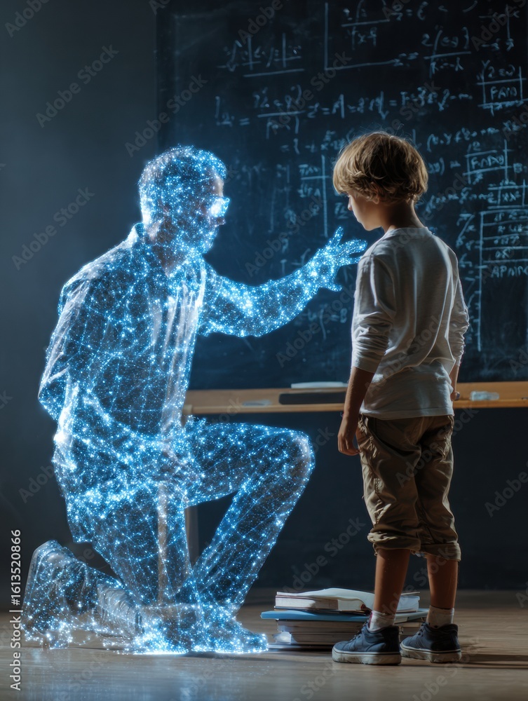 Poster virtual tutor hologram assisting a student with math in an engaging educational setting