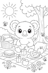 Simple line drawing of a koala sitting on a picnic blanket with fruits, juice boxes, and sandwiches around. Surrounded by trees, bees, and flowers on a sunny day. A coloring book page for kids, with