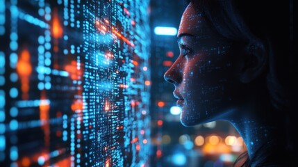 Woman gazing at glowing digital code