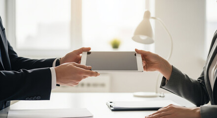 Fototapeta premium Close-up of two professionals passing a digital tablet in an office with hidden faces and blank screen under natural lighting, workplace tech JPG