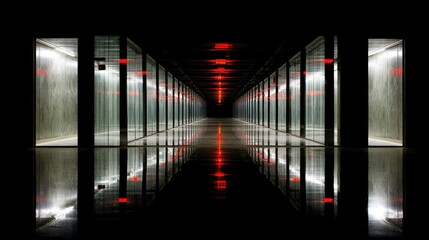 Fototapeta premium Infinite mirror corridor with ominous red warning lights flashing at the vanishing point.