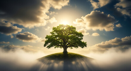 Obraz premium Majestic oak tree standing on a grassy hill with sunlit sky.