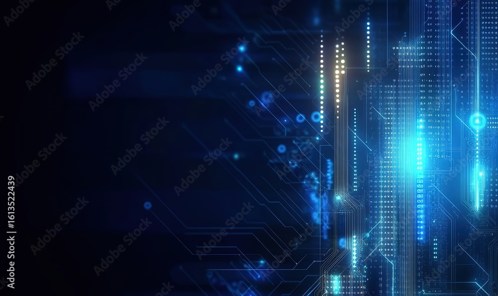 Poster abstract futuristic technology background with glowing circuit lines and flare effects on dark space