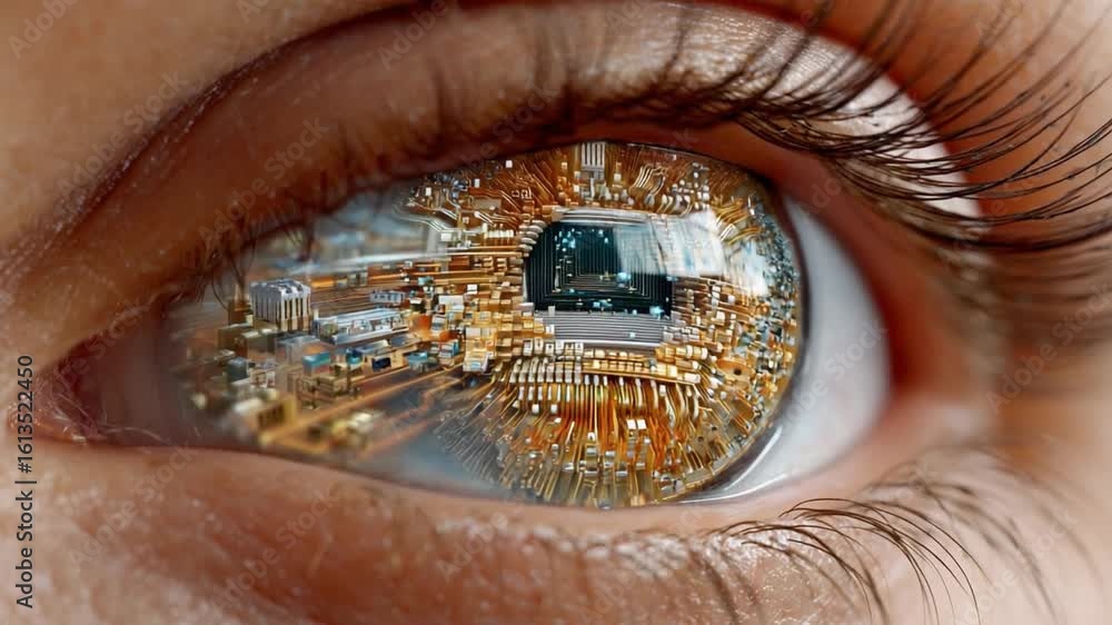 Aufkleber cyber eye: a close-up captures an eye transformed, its iris reflecting the intricate patterns of cir