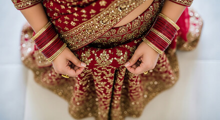 Elegant Indian bride showcases stunning red and gold embroidered lehenga adorned with sparkling bangles