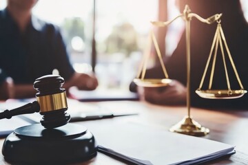 Judge's gavel and scales of justice resting on a wooden desk during a court hearing