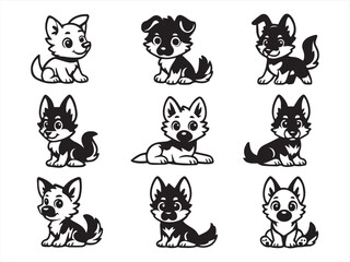 Obraz premium Cute Husky Puppy Clipart Bundle – 9 Black & White Cartoon Dogs