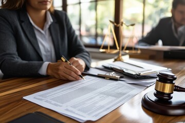 Lawyer reviewing legal document with gavel and scale of justice