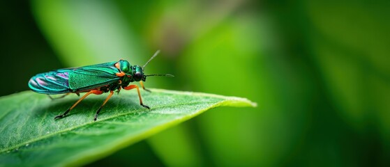 The colorful cicada resting on a lush green leaf in nature.